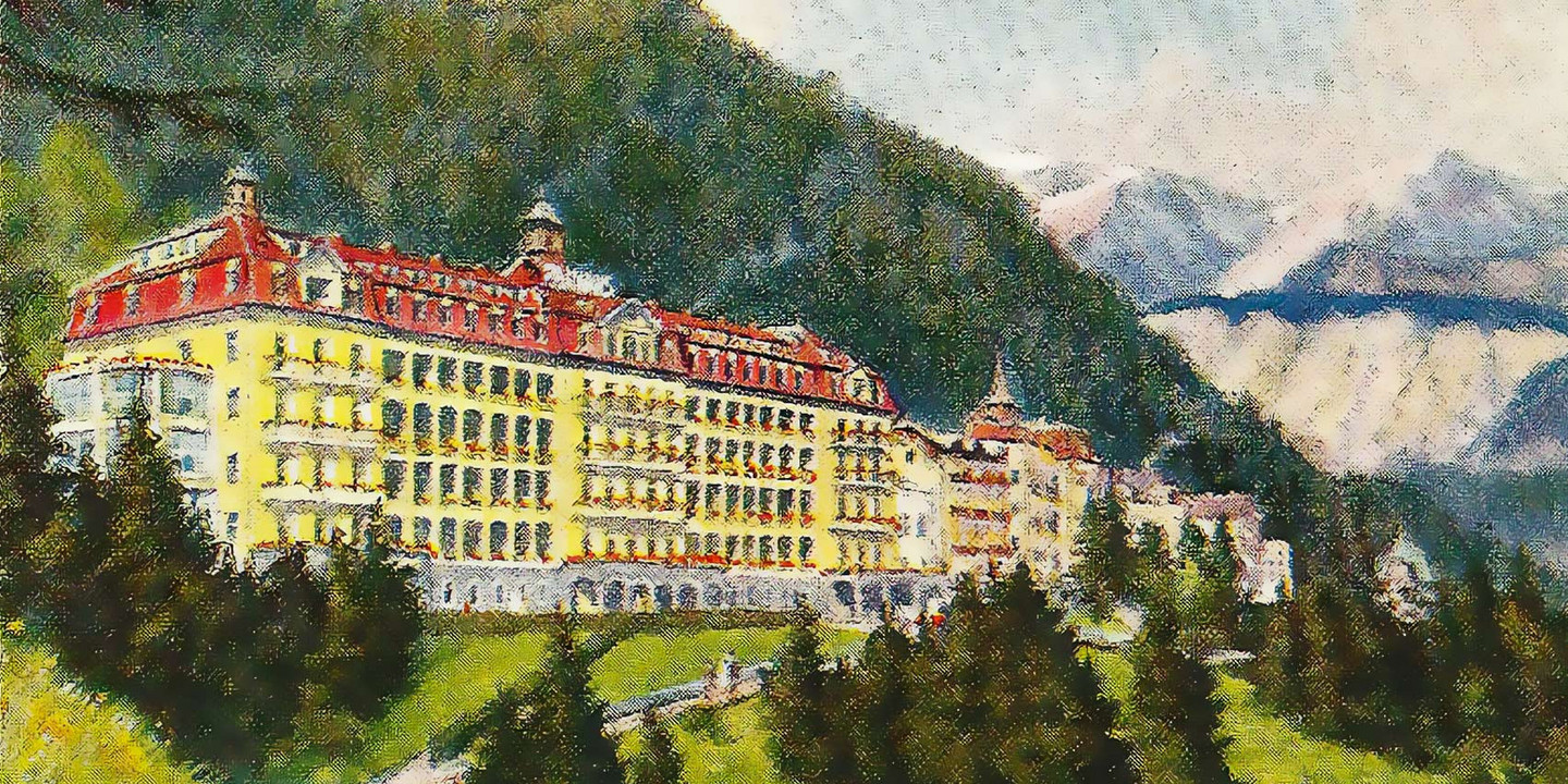 © www.kultursommer-semmering.at Historisch anmutendes Plakat des Grandhotels Panhans in Semmering vor bewaldeter Bergkulisse und Alpenpanorama.