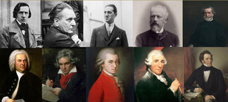 Collage mit Porträts berühmter klassischer Komponisten aus verschiedenen Epochen.