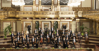 © Lukas Beck Das Orchester im prunkvollen Goldenen Saal des Wiener Musikvereins, mit Musikern in schwarzer Konzertkleidung, eingerahmt von goldverzierten Wänden, Kronleuchtern und einer großen Orgel im Hintergrund.
