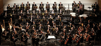 Großes Sinfonieorchester auf der Bühne eines Konzertsaals, mit Streichern, Bläsern und Schlagwerk in Konzertaufstellung, Musikerinnen und Musiker in schwarzer Konzertkleidung.